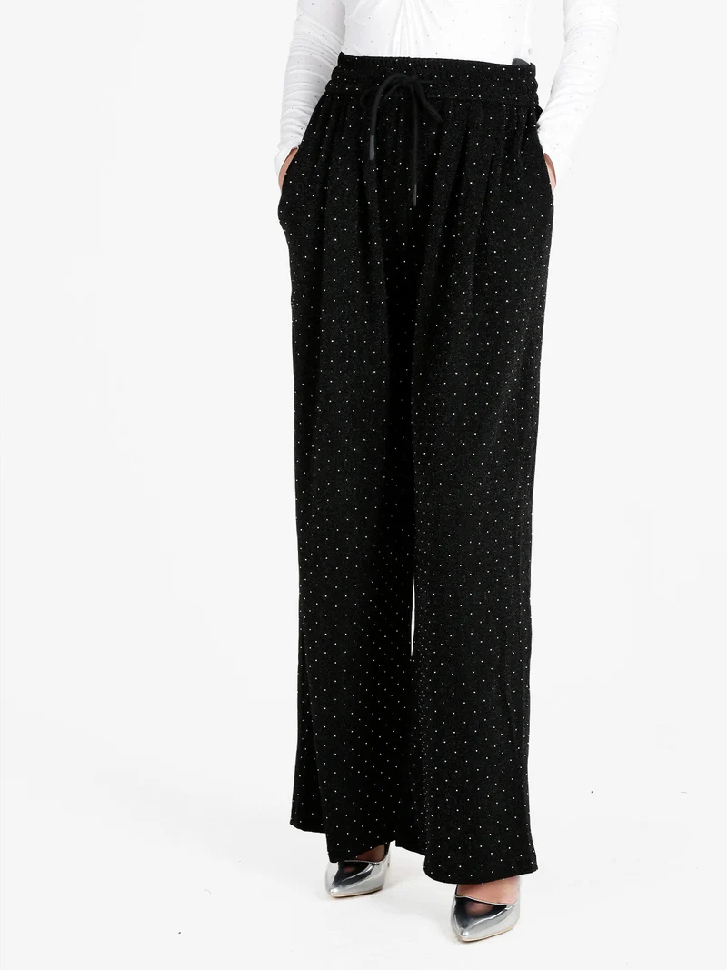 Pantaloni eleganti da donna a gamba larga con strass - nero