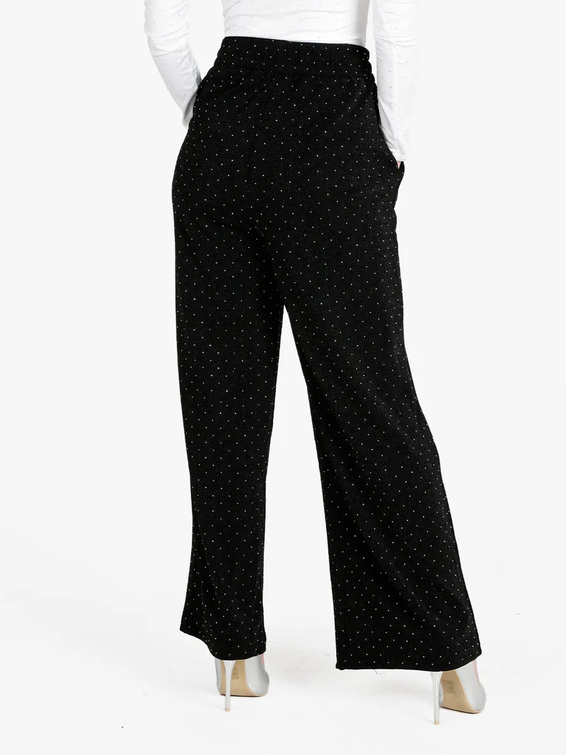 Pantaloni eleganti da donna a gamba larga con strass - nero