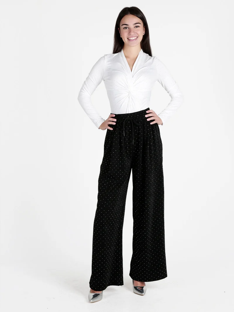 Pantaloni eleganti da donna a gamba larga con strass - nero