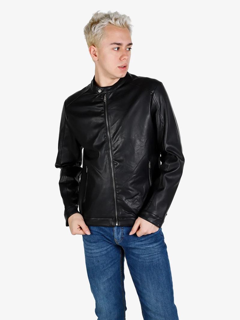 Giacca uomo in ecopelle con zip - nero