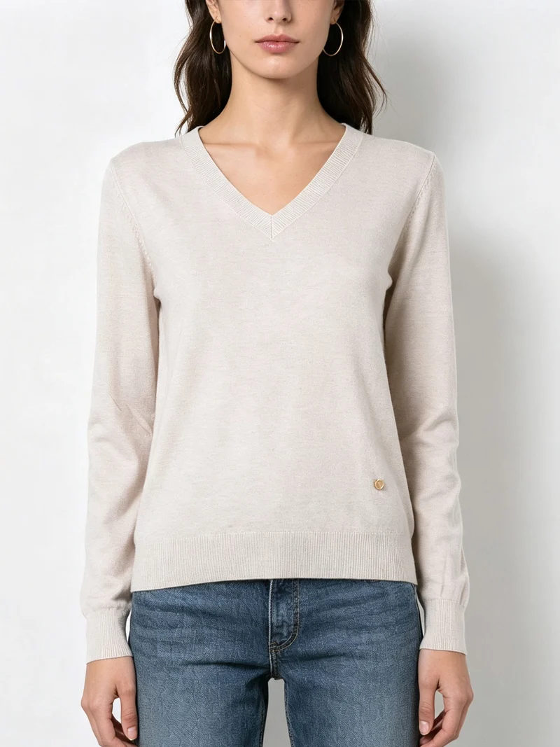 Pullover donna in maglia con scollo a V e dettagli lurex - beige