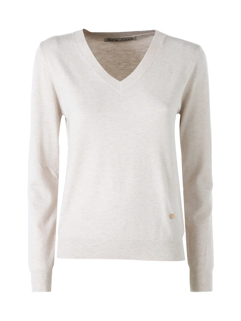 Pullover donna in maglia con scollo a V e dettagli lurex - beige