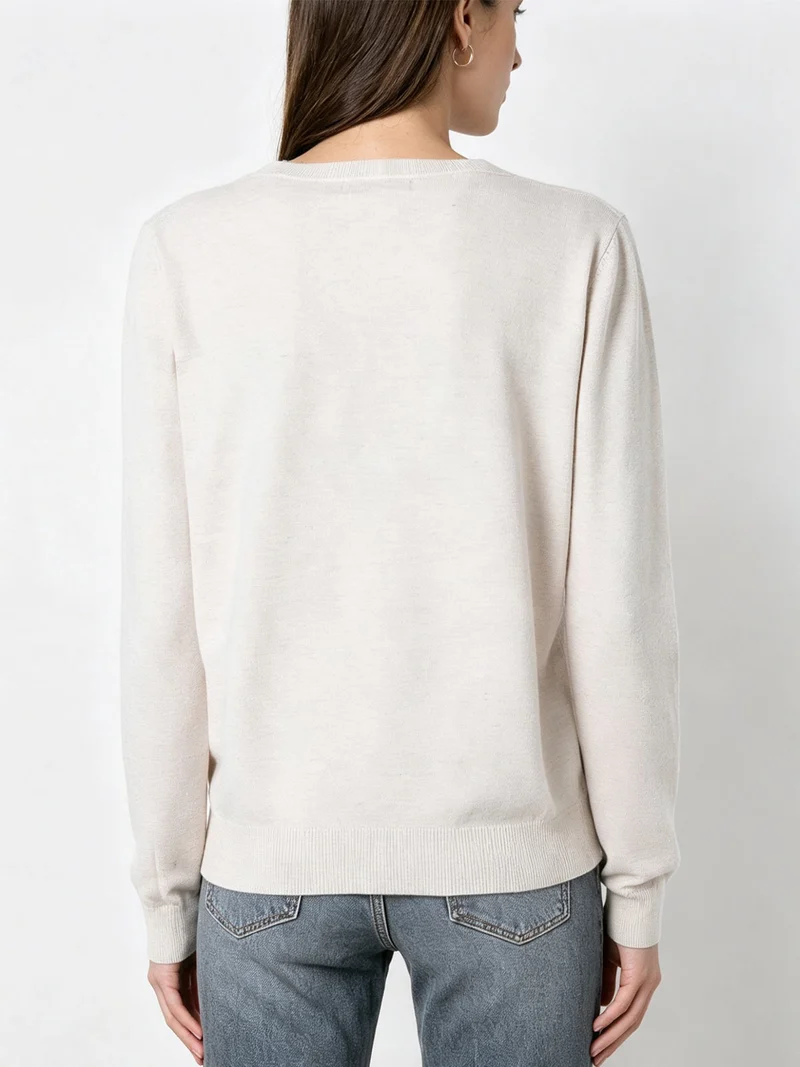 Pullover donna in maglia con scollo a V e dettagli lurex - beige