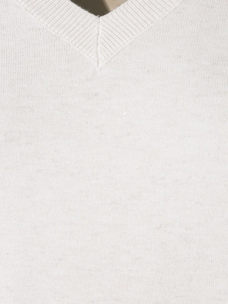 Pullover donna in maglia con scollo a V e dettagli lurex - beige