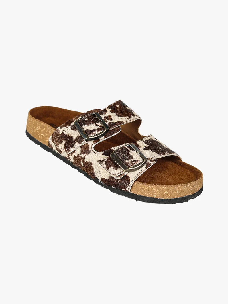 Ciabatte donna in pelle animalier con doppia fibbia - bianco