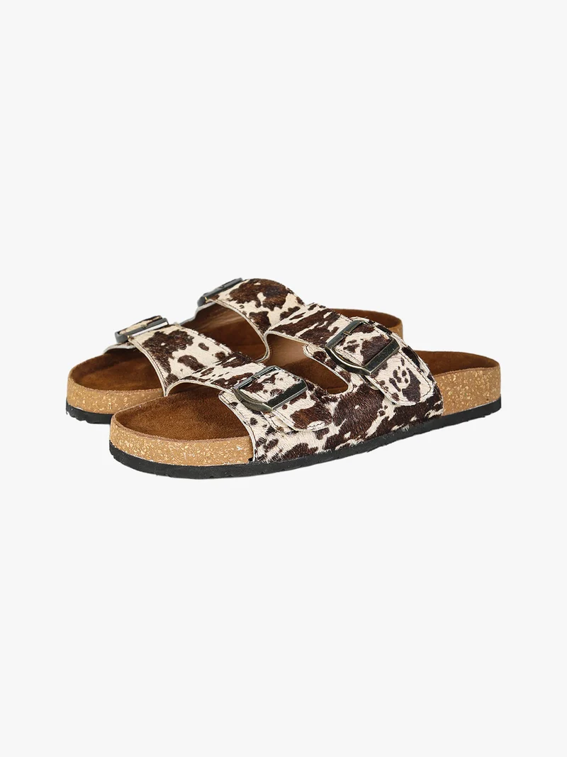 Ciabatte donna in pelle animalier con doppia fibbia - bianco