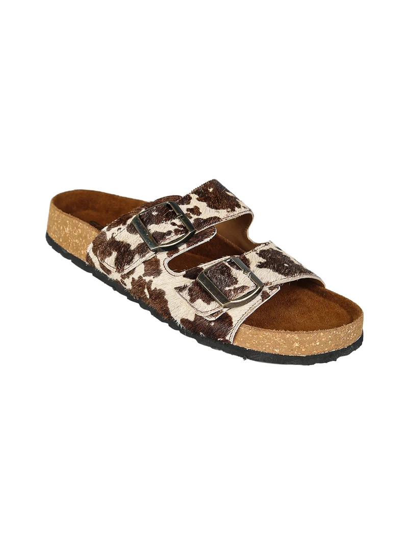 Ciabatte donna in pelle animalier con doppia fibbia - bianco