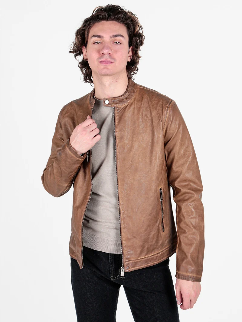 Giacca in ecopelle da uomo con zip - cammello