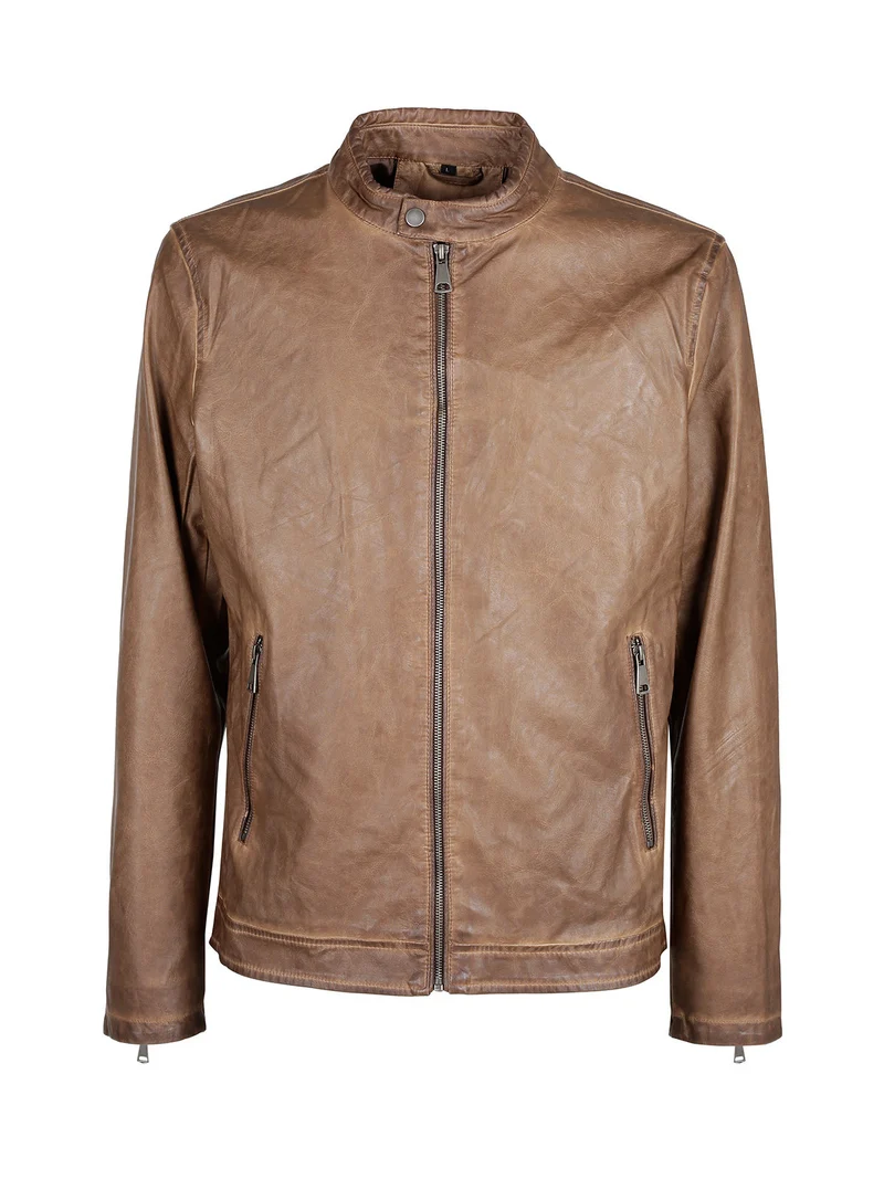 Giacca in ecopelle da uomo con zip - cammello