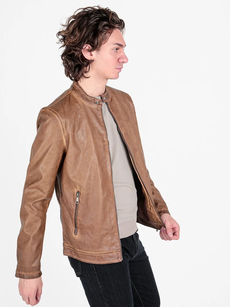 Giacca in ecopelle da uomo con zip - cammello