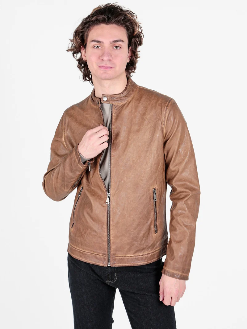 Giacca in ecopelle da uomo con zip - cammello