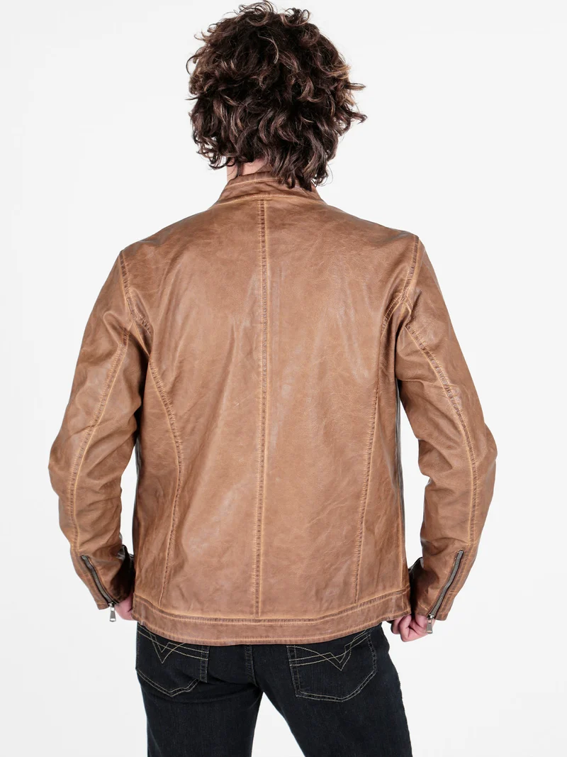 Giacca in ecopelle da uomo con zip - cammello