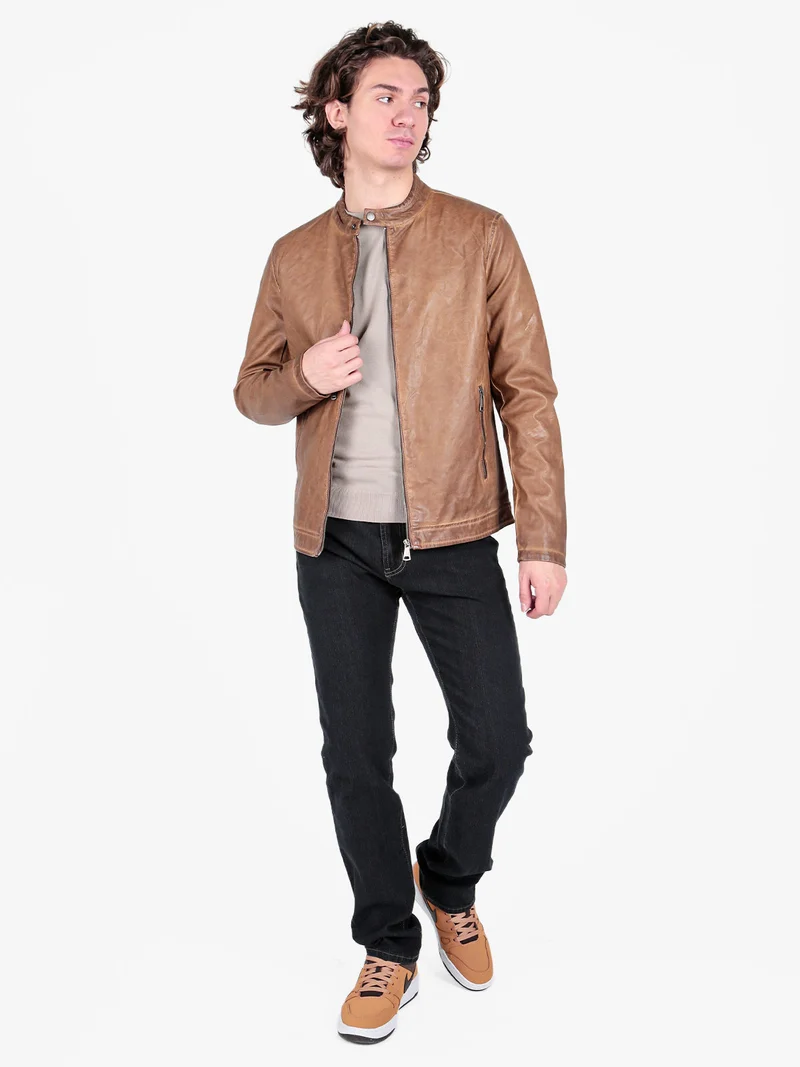 Giacca in ecopelle da uomo con zip - cammello