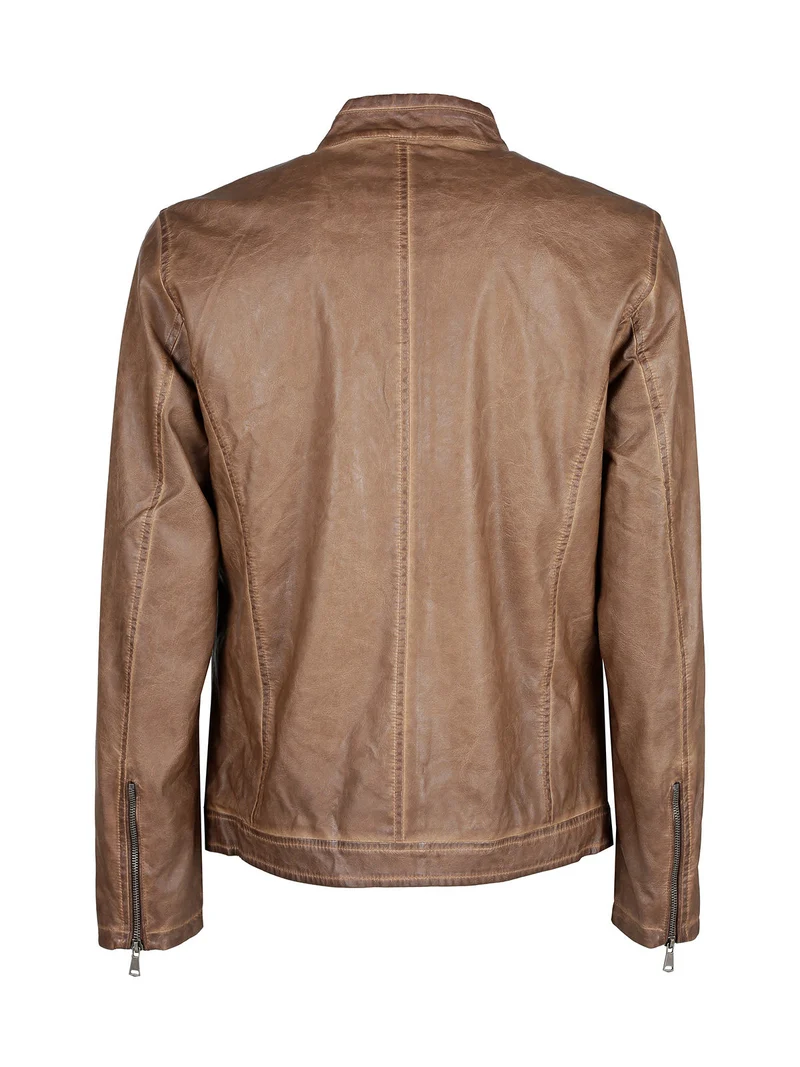 Giacca in ecopelle da uomo con zip - cammello