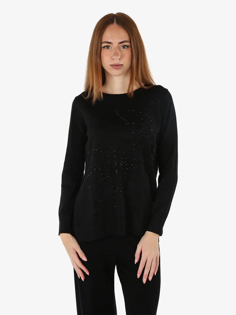 Maglia donna girocollo con strass e spacchi laterali - nero