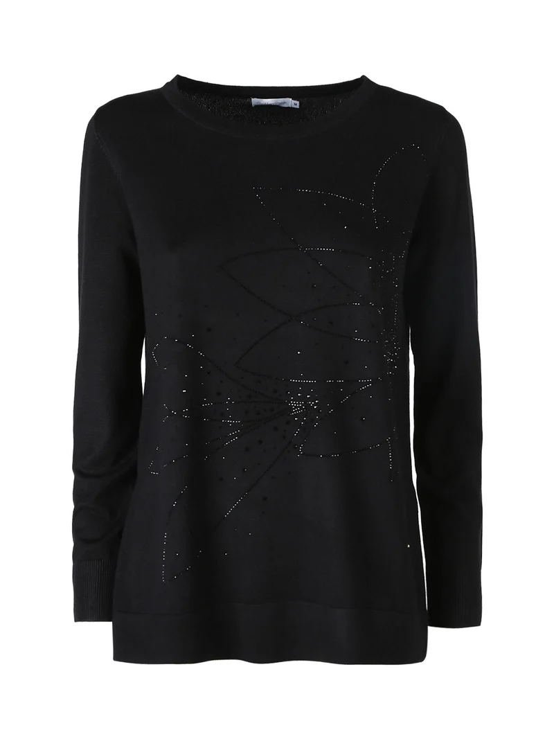 Maglia donna girocollo con strass e spacchi laterali - nero
