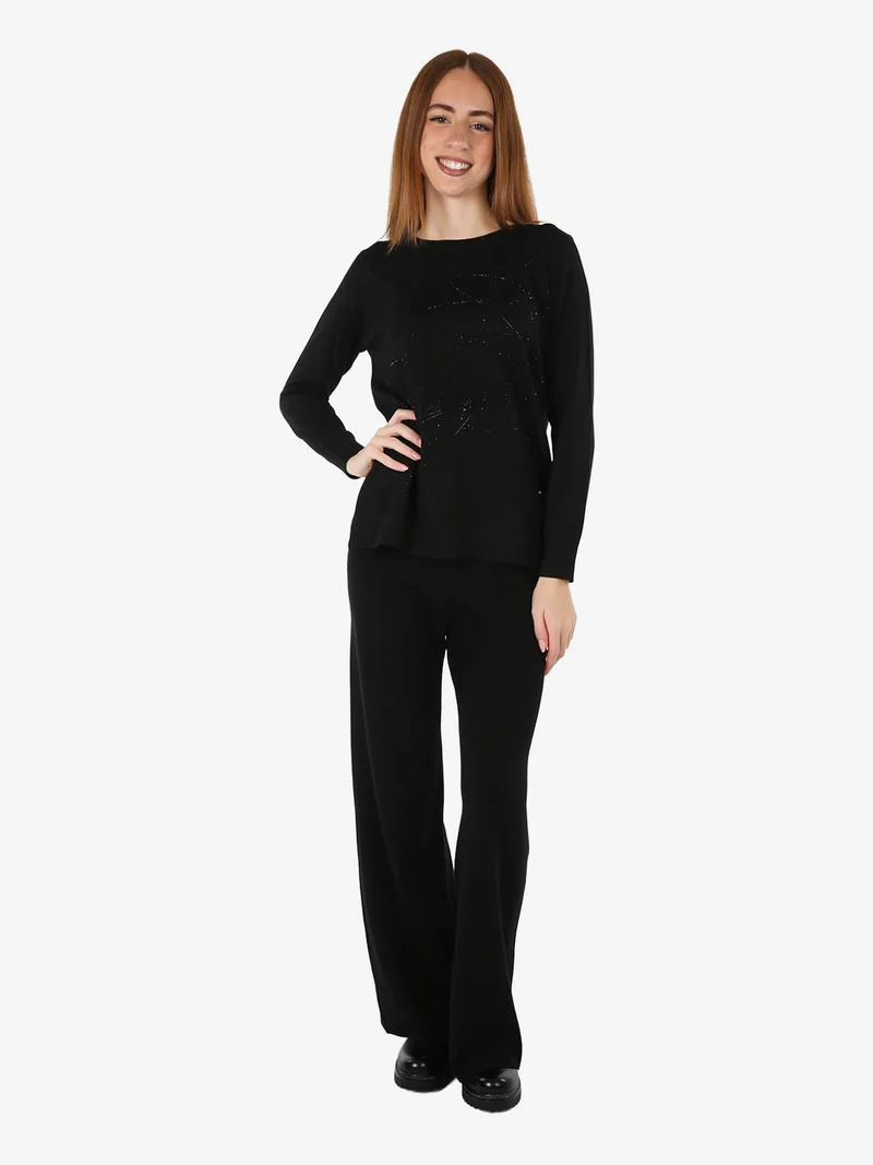 Maglia donna girocollo con strass e spacchi laterali - nero