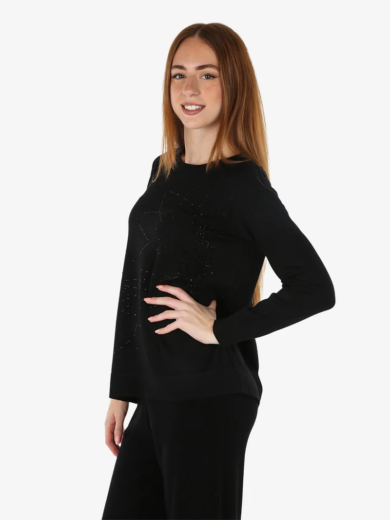 Maglia donna girocollo con strass e spacchi laterali - nero