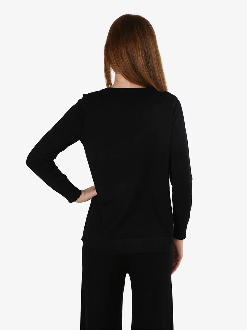 Maglia donna girocollo con strass e spacchi laterali - nero
