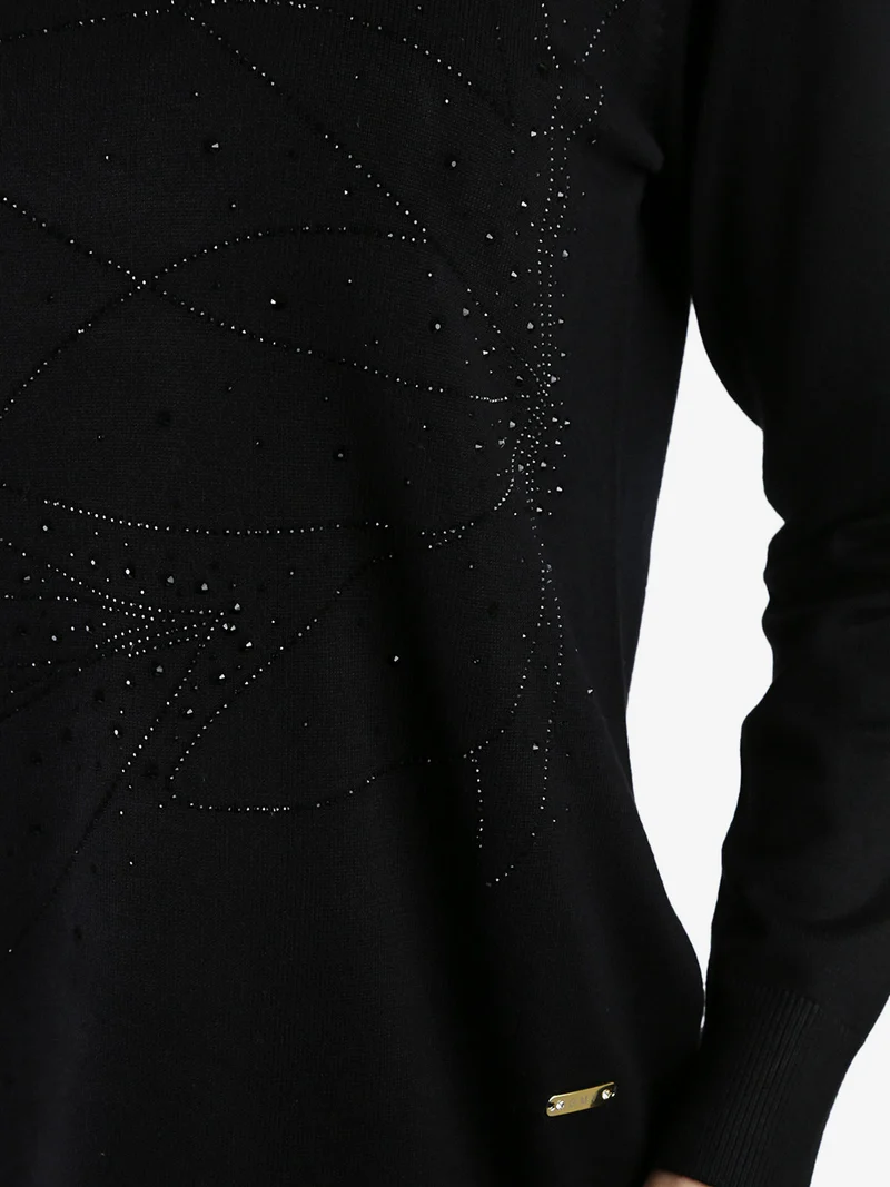 Maglia donna girocollo con strass e spacchi laterali - nero
