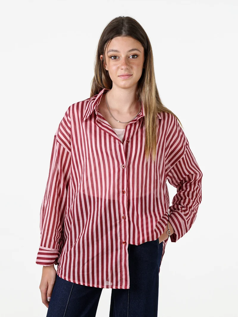 Camicia donna oversize in cotone con stampa a righe - rosa