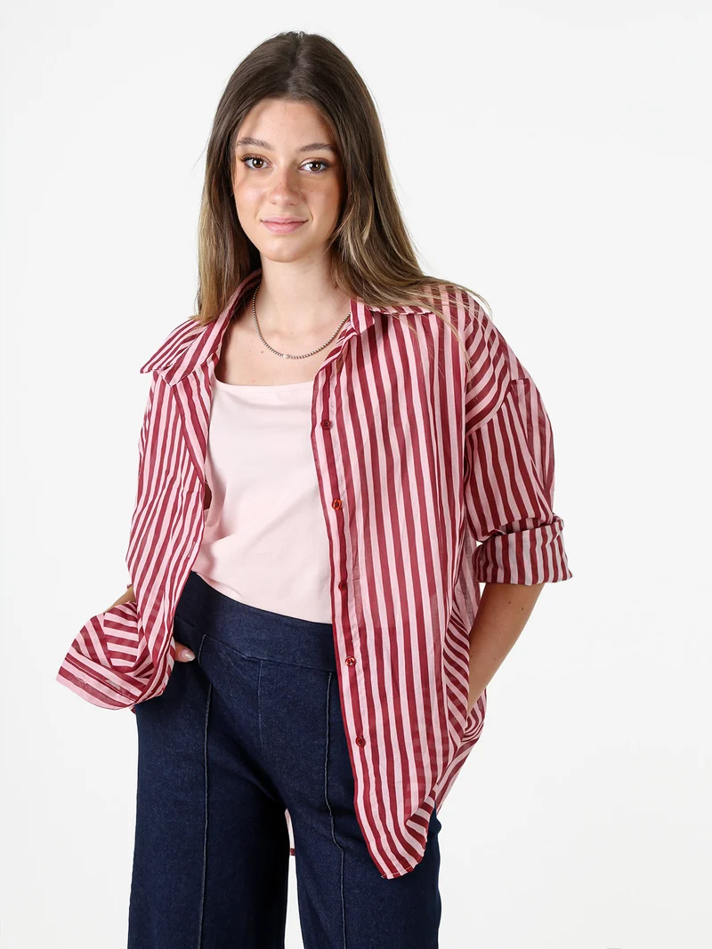 Camicia donna oversize in cotone con stampa a righe - rosa