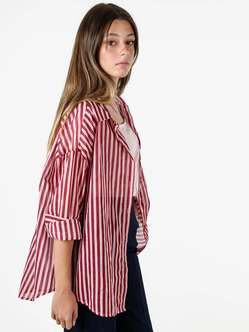 Camicia donna oversize in cotone con stampa a righe - rosa
