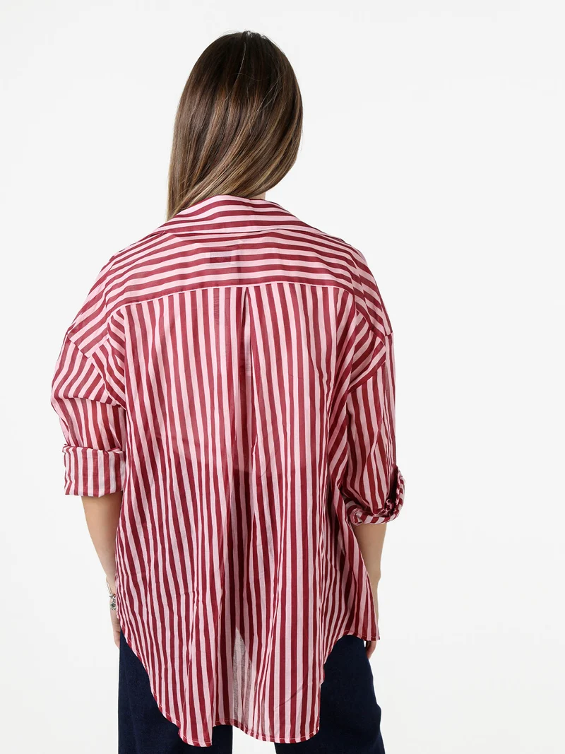 Camicia donna oversize in cotone con stampa a righe - rosa