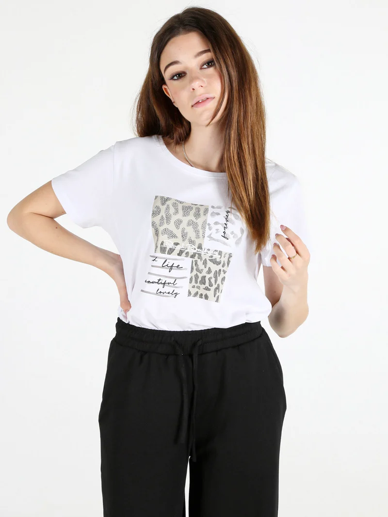 T-shirt donna in cotone bielastico con stampa - bianco