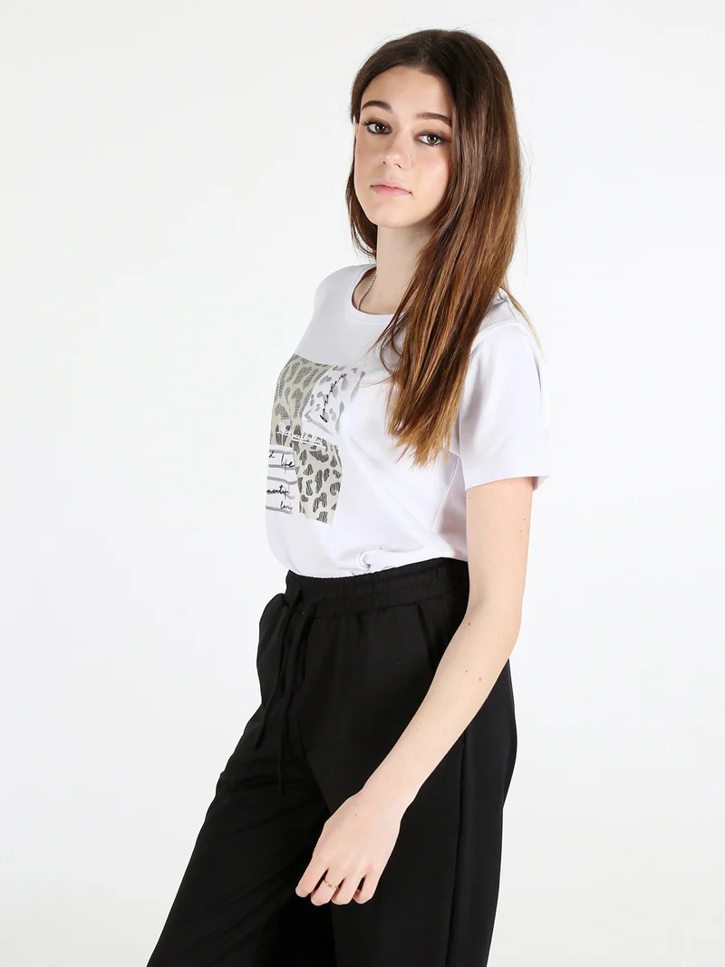 T-shirt donna in cotone bielastico con stampa - bianco