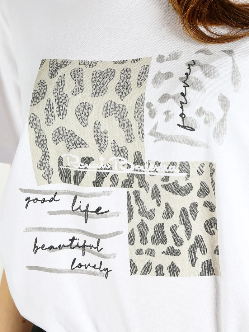 T-shirt donna in cotone bielastico con stampa - bianco