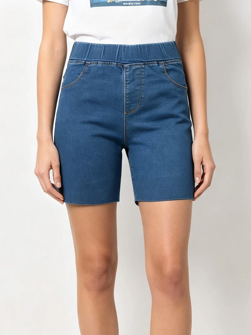 Shorts donna in jeans con elastico in vita - blu