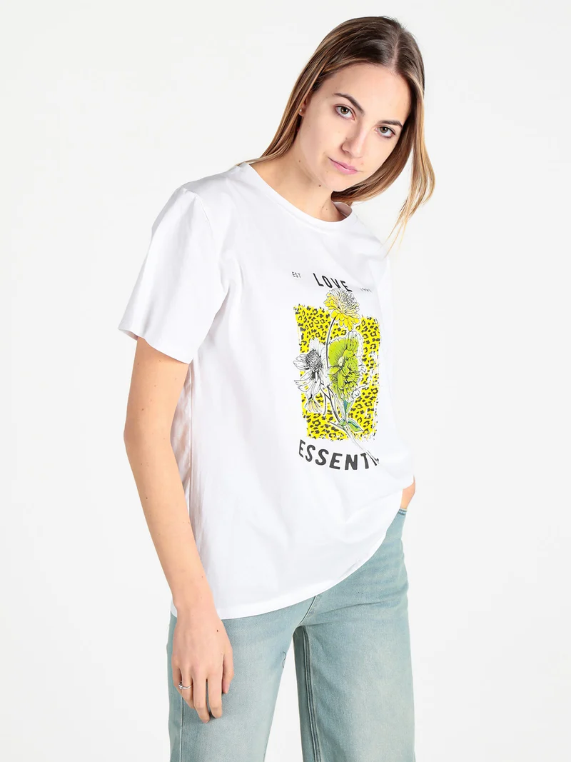 T-shirt donna oversize con stampa fiori - giallo