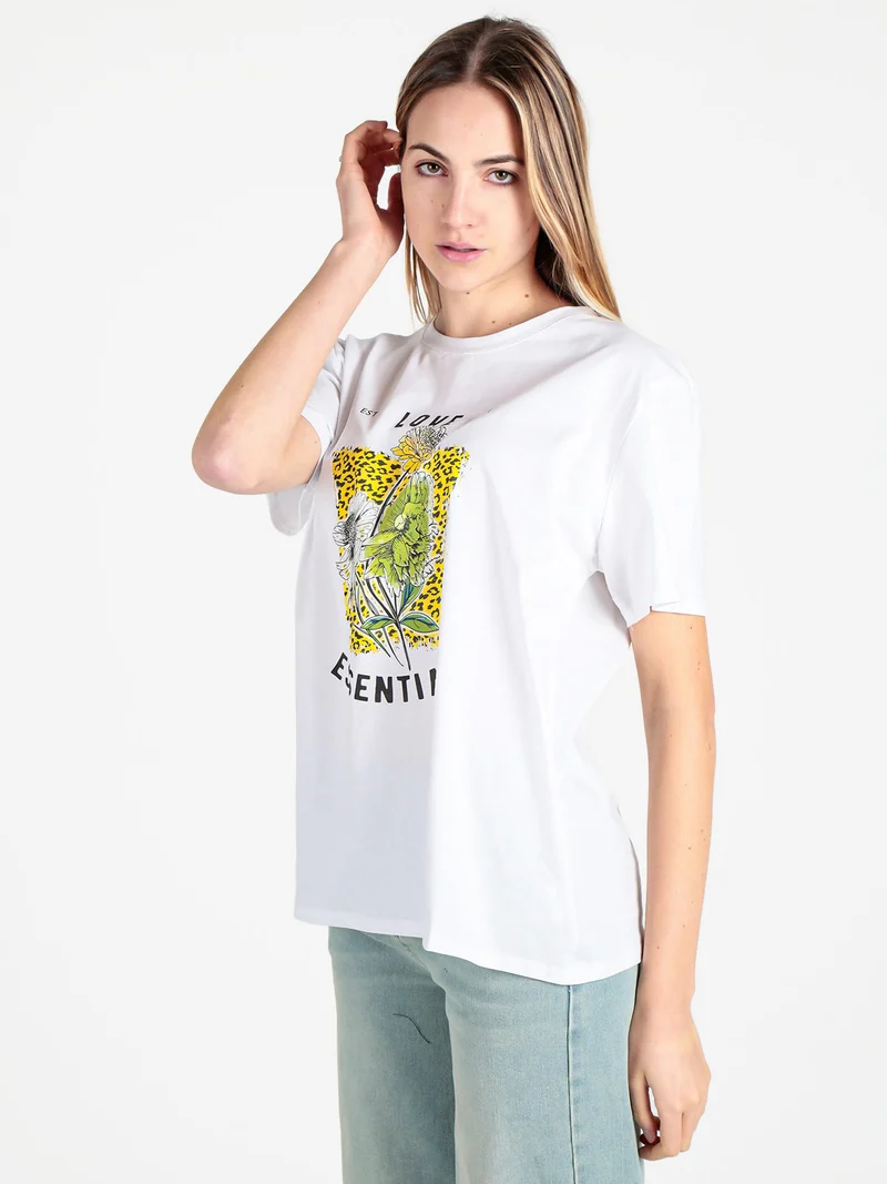 T-shirt donna oversize con stampa fiori - giallo