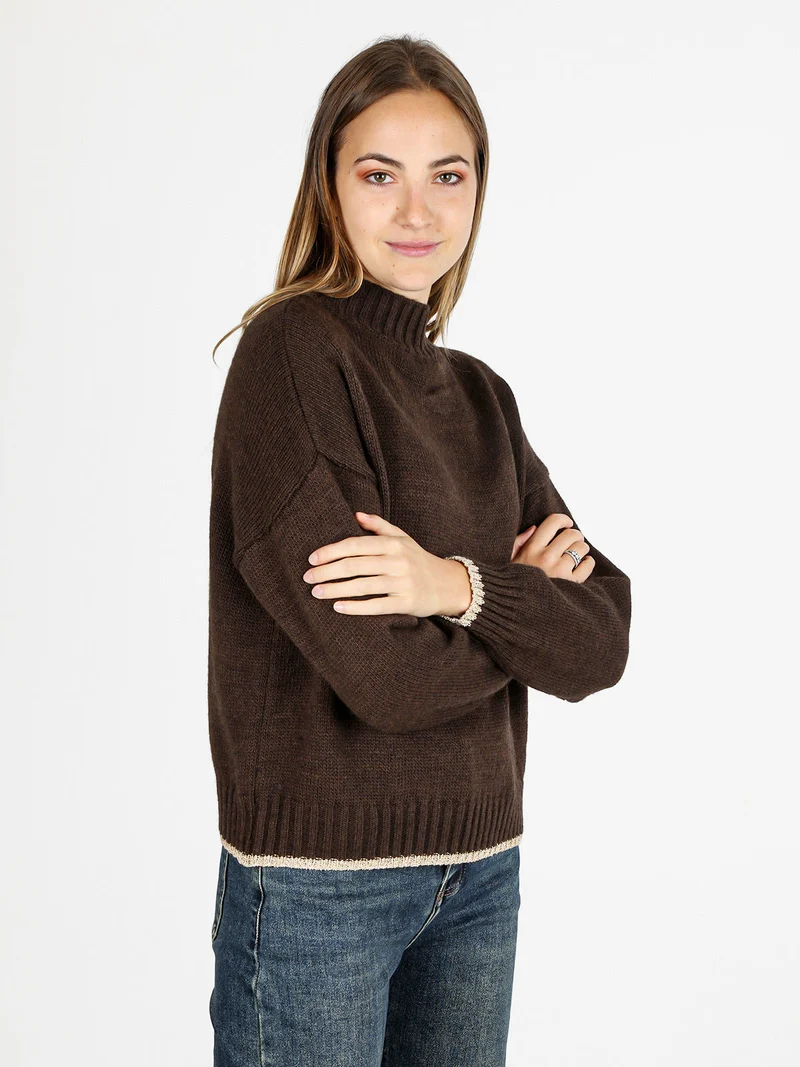 Maglione donna in misto lana con dettaglio lurex - marrone