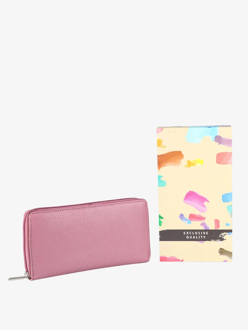 Portafoglio in pelle da donna con zip - rosa