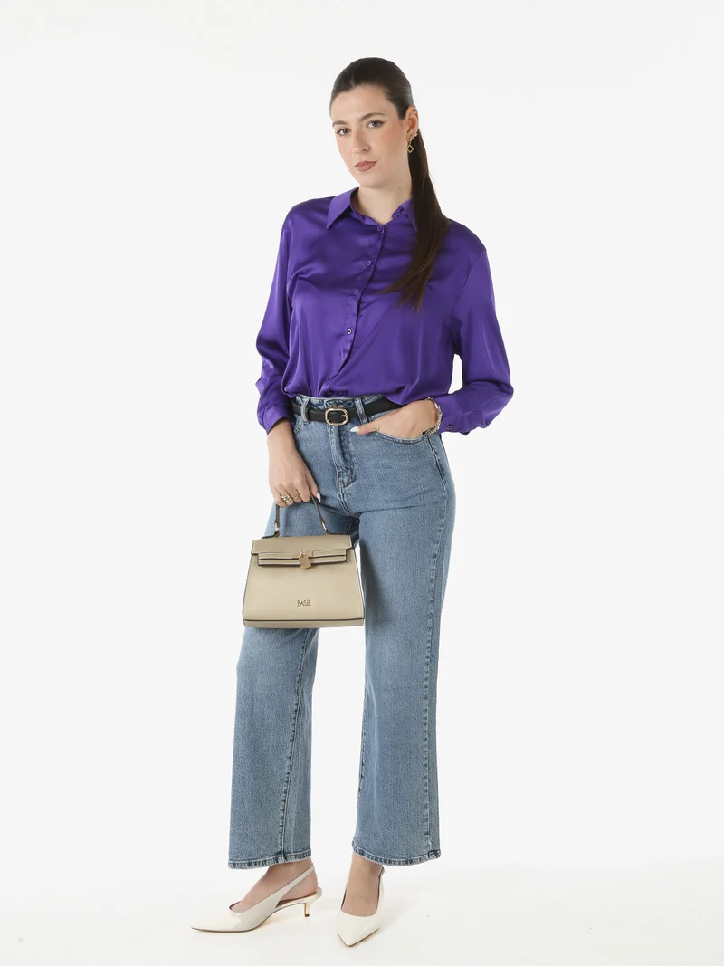 Camicia donna a maniche lunghe in tessuto simil raso - viola