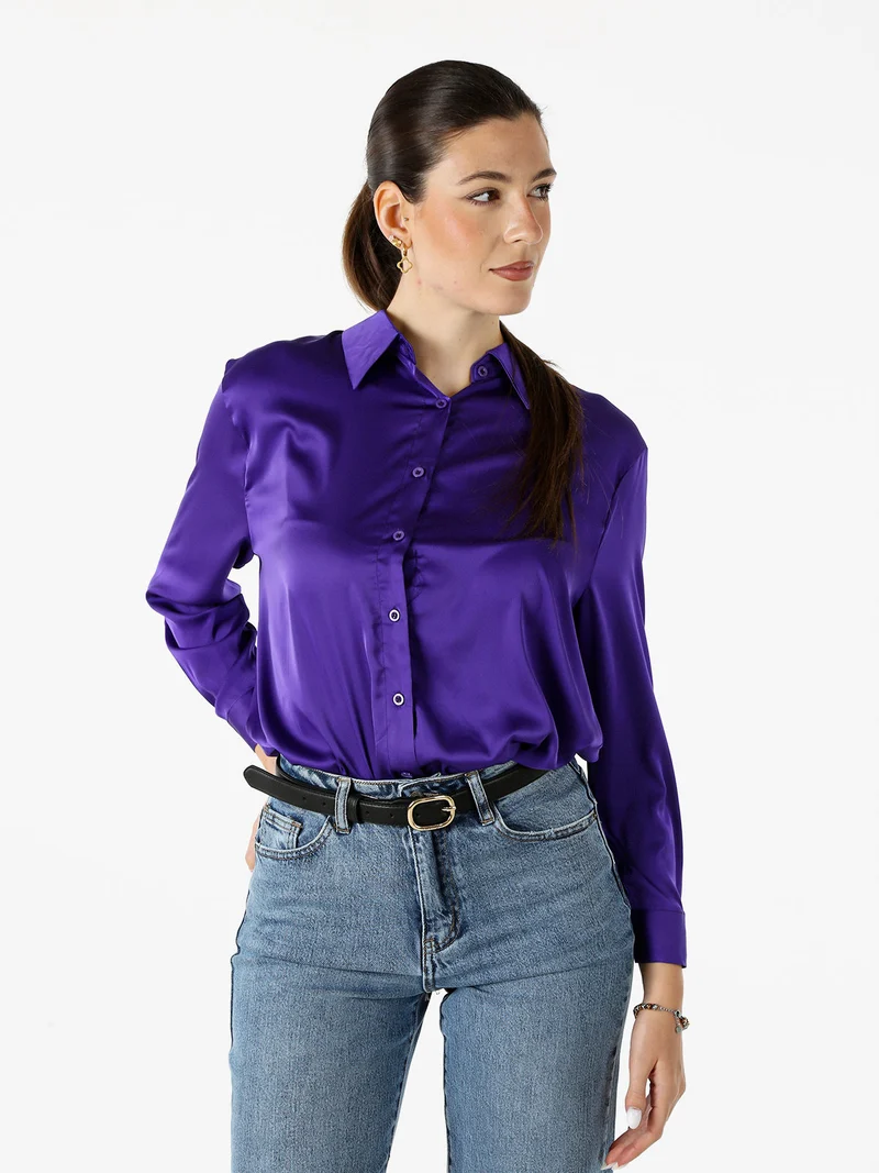 Camicia donna a maniche lunghe in tessuto simil raso - viola