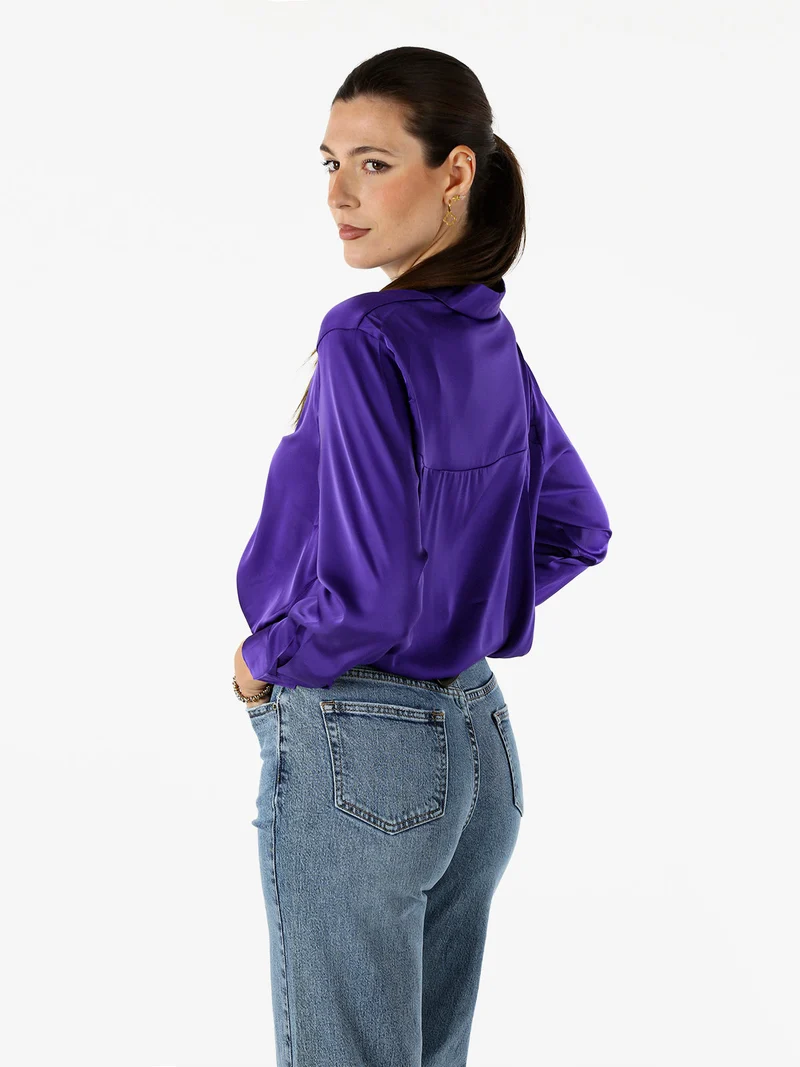 Camicia donna a maniche lunghe in tessuto simil raso - viola