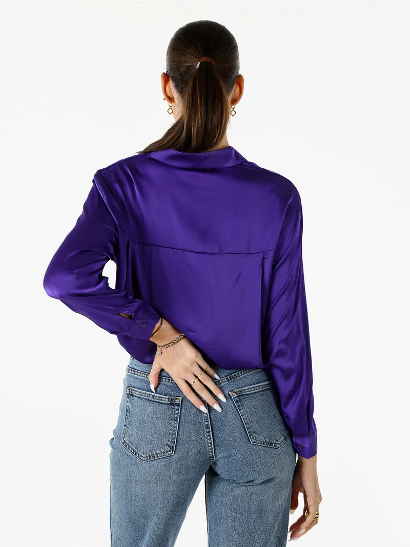 Camicia donna a maniche lunghe in tessuto simil raso - viola