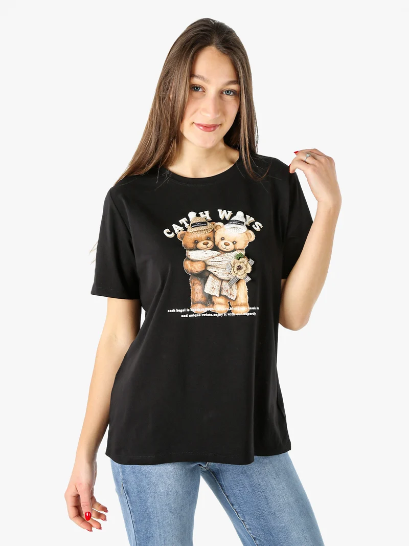 T-shirt donna orsetto in cotone - nero
