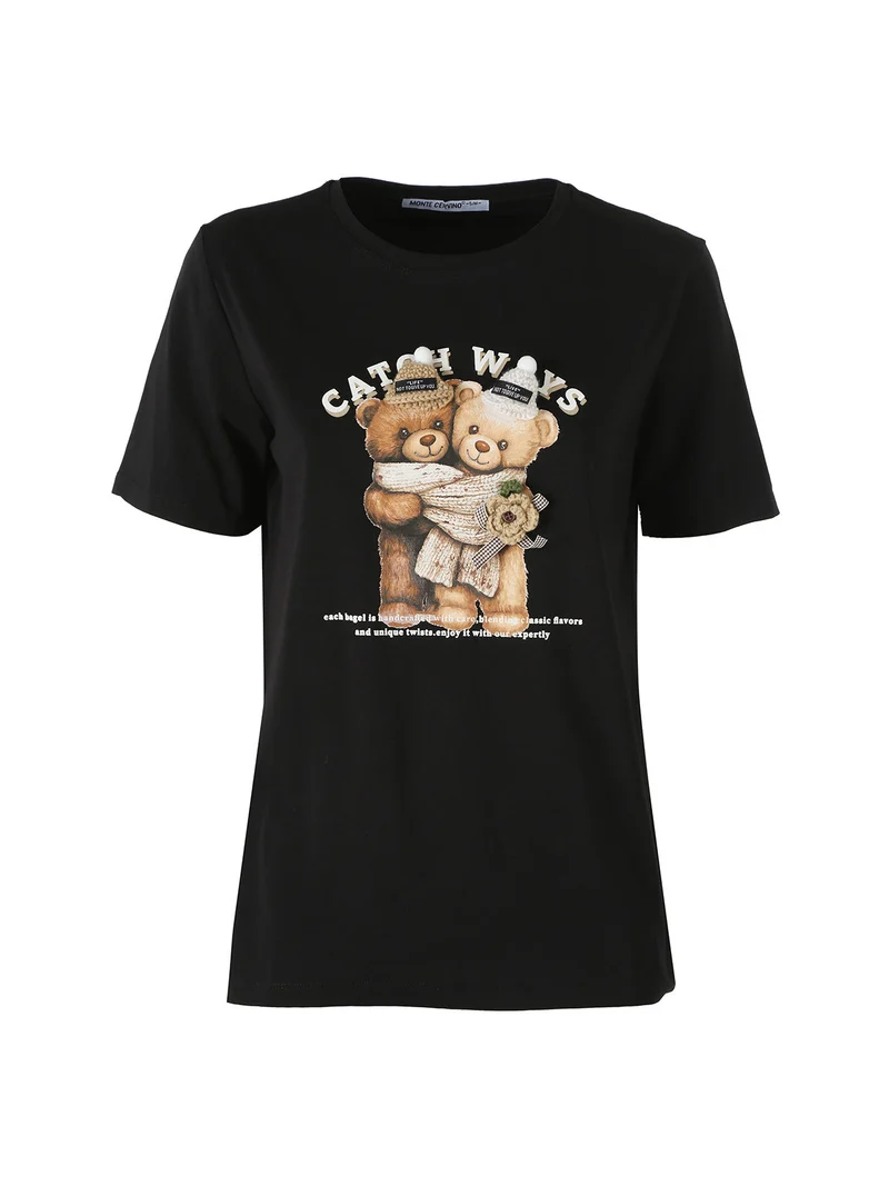T-shirt donna orsetto in cotone - nero