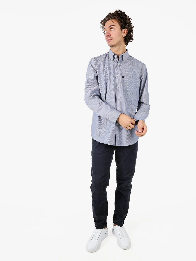 Camicia rigata da uomo in cotone a maniche lunghe - blu
