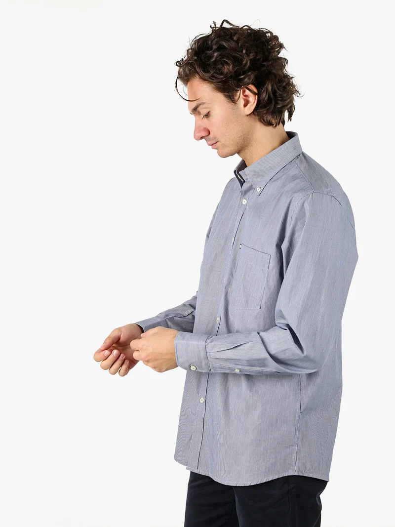Camicia rigata da uomo in cotone a maniche lunghe - blu