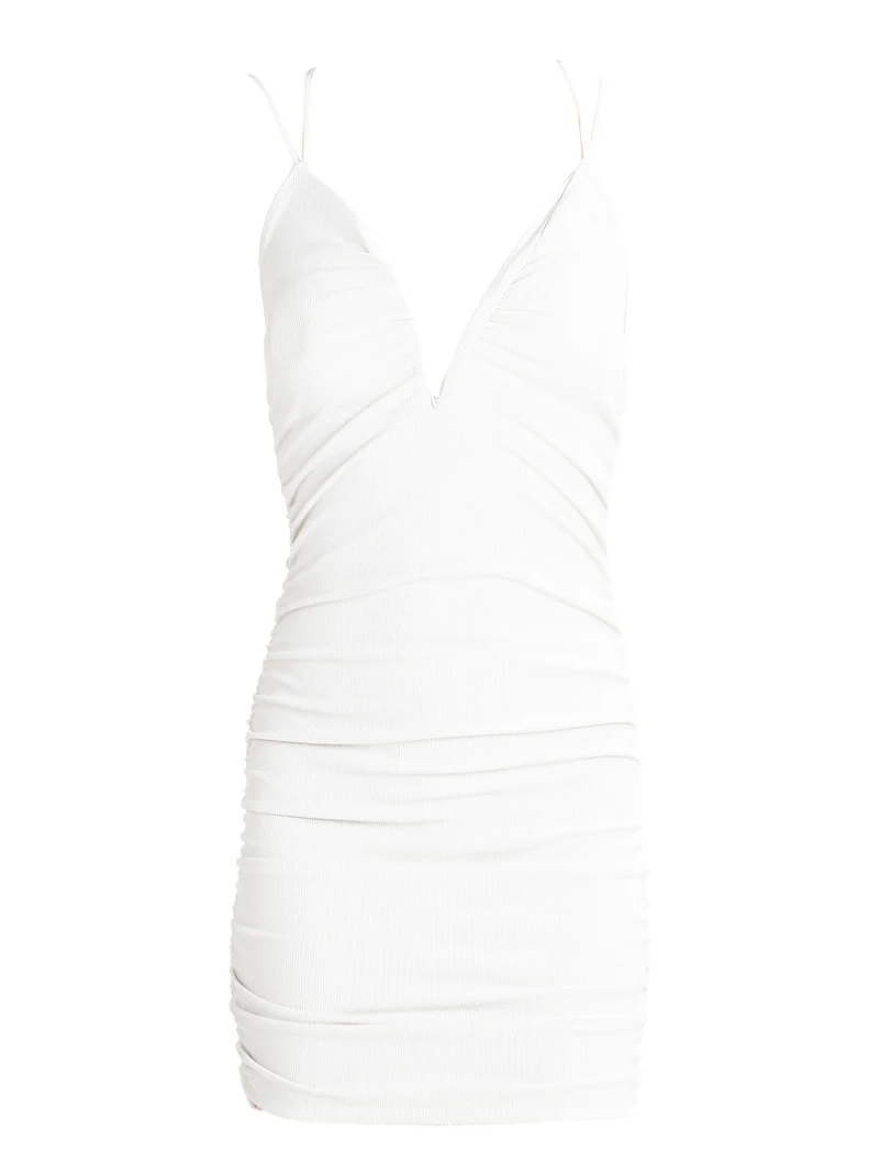 Mini abito donna a costine scollo a V - bianco