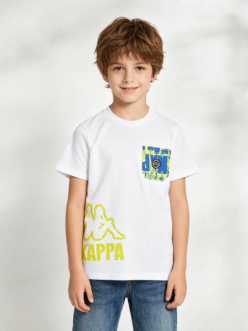 T-shirt da ragazzo in cotone con taschino e logo - bianco