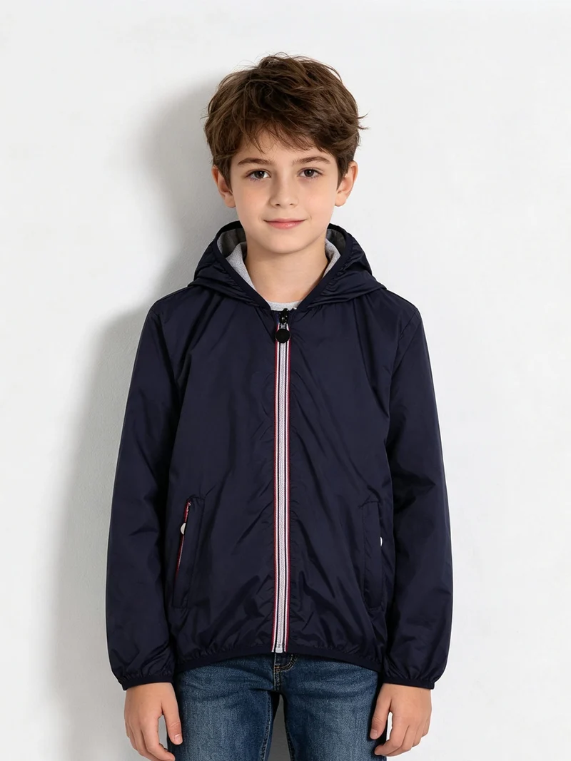 Giacca a vento da bambino con cappuccio e zip - blu scuro