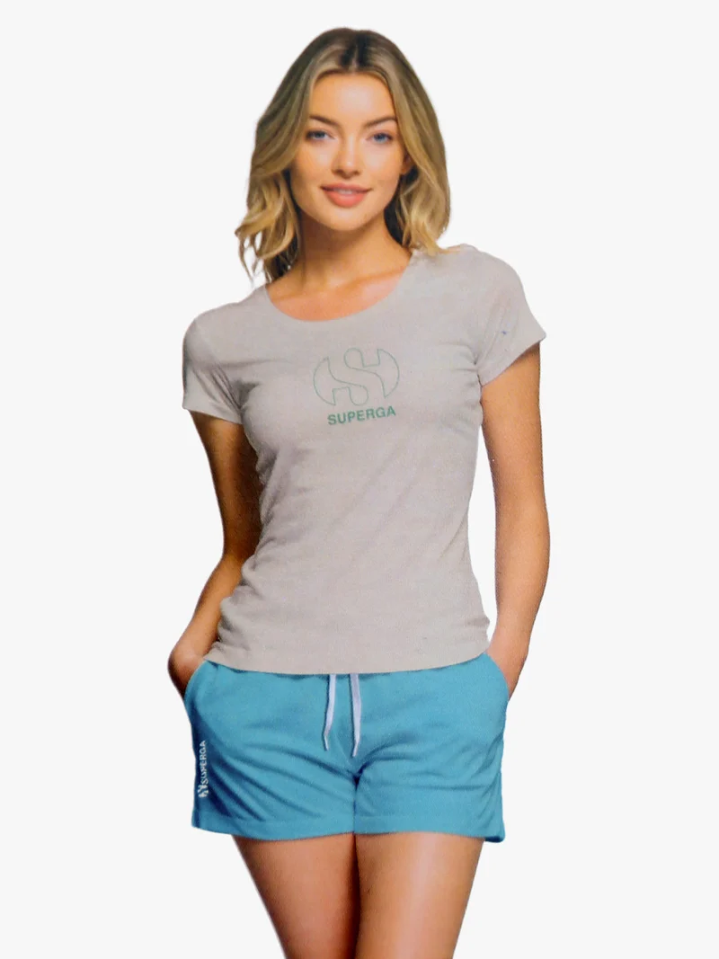 Completo corto da donna in cotone con logo - sabbia