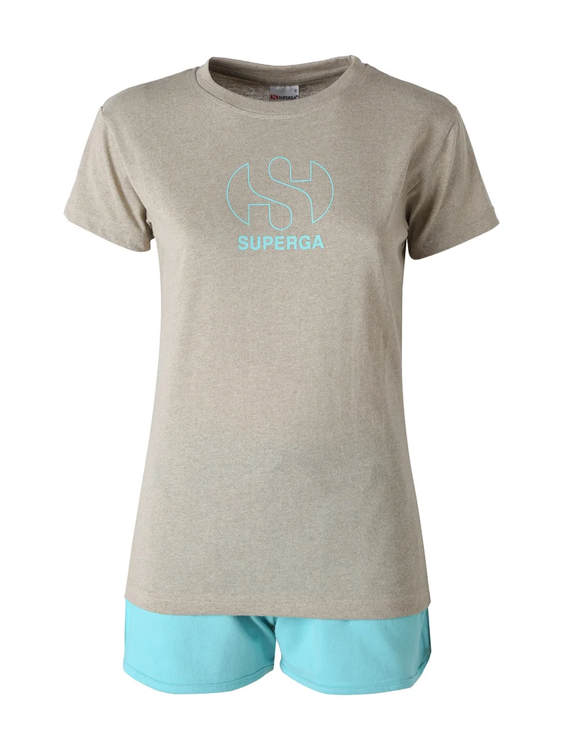 Completo corto da donna in cotone con logo - sabbia