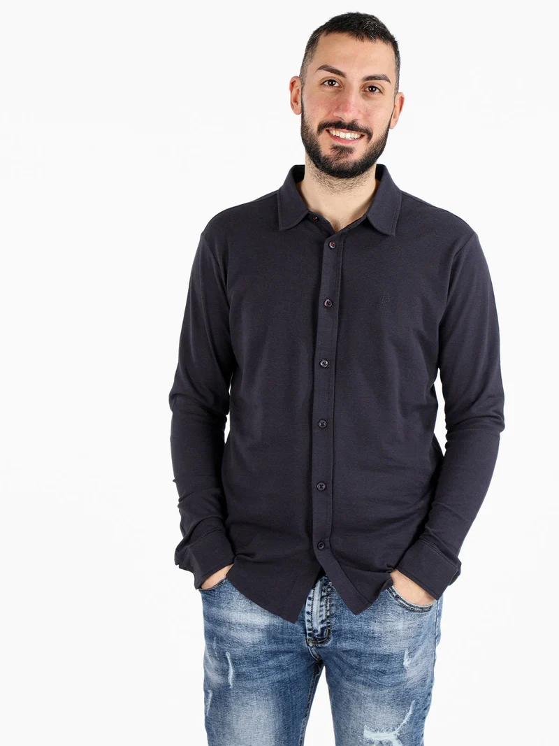 Polo camicia in cotone da uomo - blu scuro